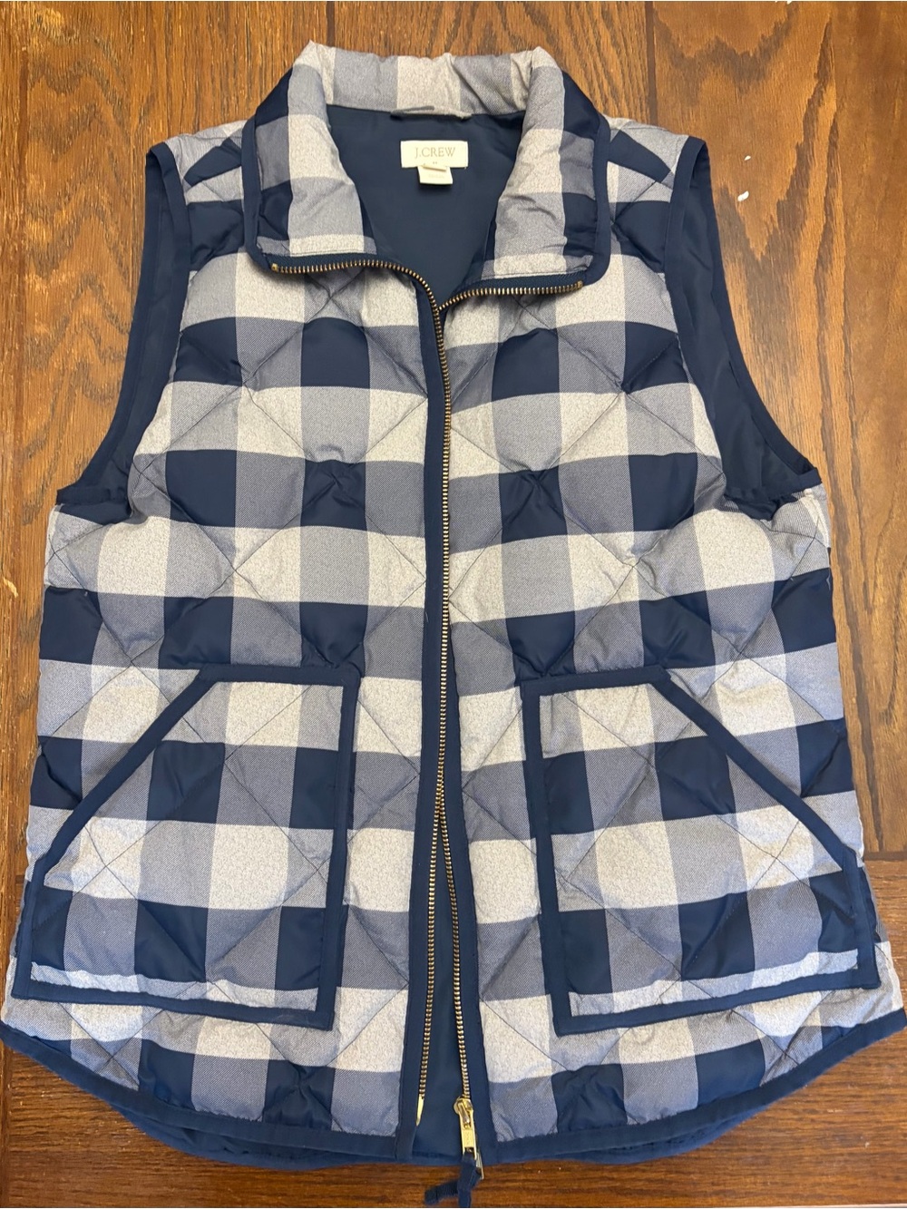 J. Crew Wens Navy, Gray & White Buffalo Check Quilted Puffer Vest Size S